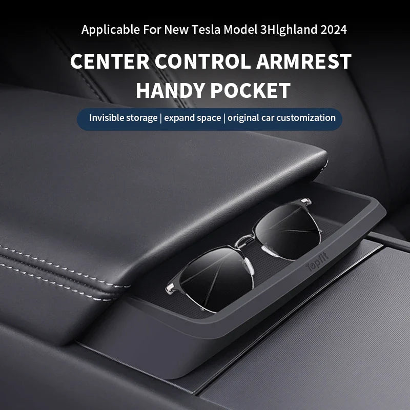 Central Armrest Storage Box for Tesla Model Y/3/3 Highland – Multi-Functional Glasses & Phone Organizer Case, 2024 Accessory