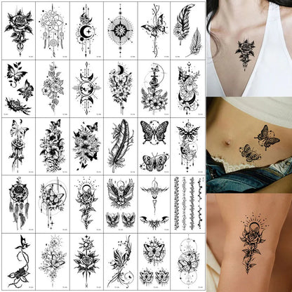 30pcs Black Temporary Tattoo Stickers - Flower Butterfly Rose Moon Star Mandala Designs for Hand, Chest & Body Art