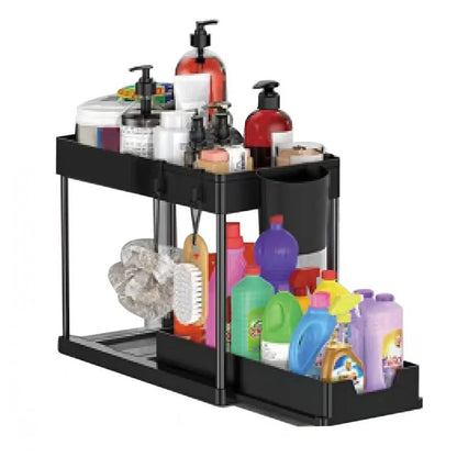 2-Tier Under Sink Sliding Cabinet Organizer — Basket Storage Rack with Hooks for Bathroom & Kitchen