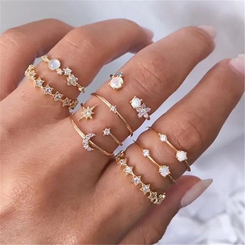 Women’s Silver Crystal Ring Set – Cubic Zirconia Moon, Arrow, Flower & Heart Wedding Fashion Jewelry