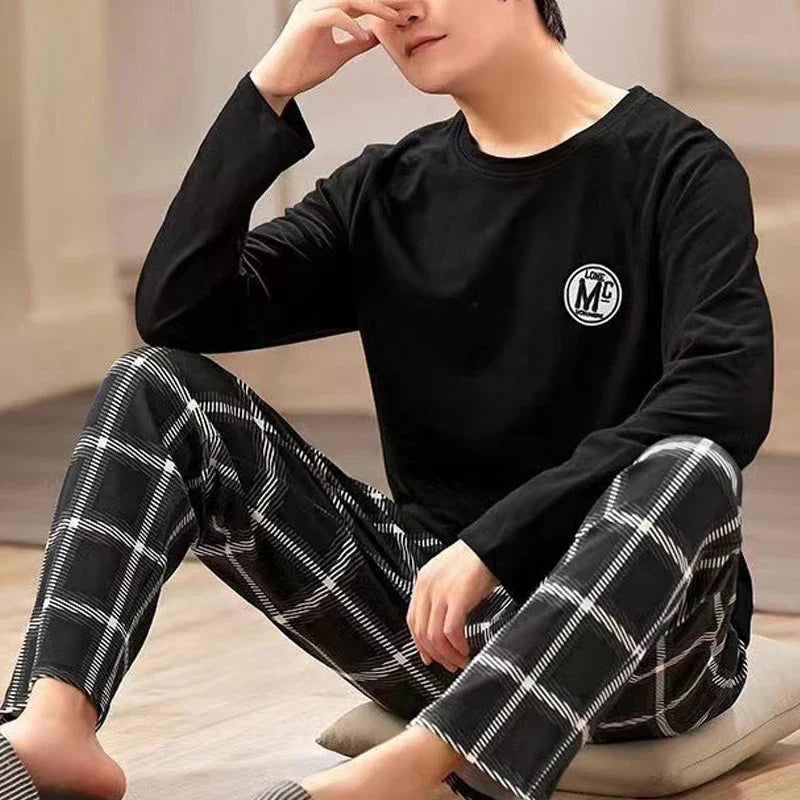 Men's Summer 2024 Long-Sleeve Pyjama Set — Black Plaid Two-Piece Home & Casual Wear, Large Size