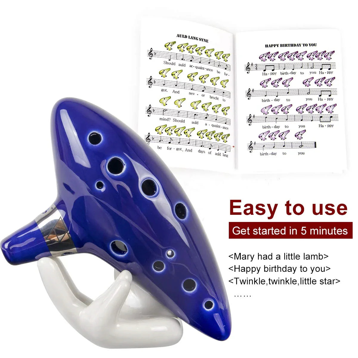 12 Tone Alto C Ocarina – Ceramic Musical Instrument with Songbook, Neck Cord & Carry Bag, Blue