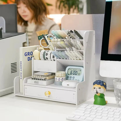 Wooden Desk Organizer - Pen Pencil Holder and Stationery Storage Box for Home Office & Bookshelf