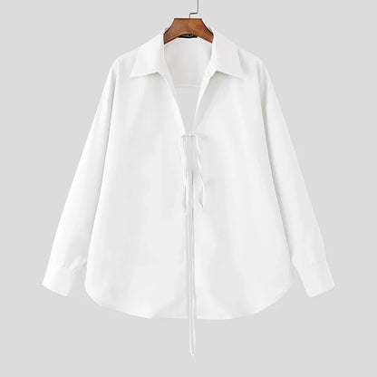 Men’s Lace Up Hollow Out Shirt - Long Sleeve Lapel Streetwear Top for Fashion Parties and Casual Style