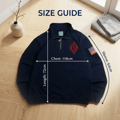 Men’s Y2K American Flag Embroidered Hoodie – Quarter Zip Streetwear Sweatshirt Navy Blue White Patch Sleeve Casual Pullover Sweater