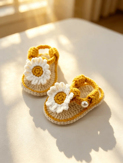 Handmade Crochet Baby Girl Sandals - Pink & Beige Flower Pearl Newborn Booties