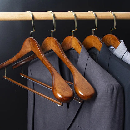 Multifunctional Wooden Coat Hanger — Retro Wide-Shoulder Flocking Rod for Clothes Drying & Closet Organization