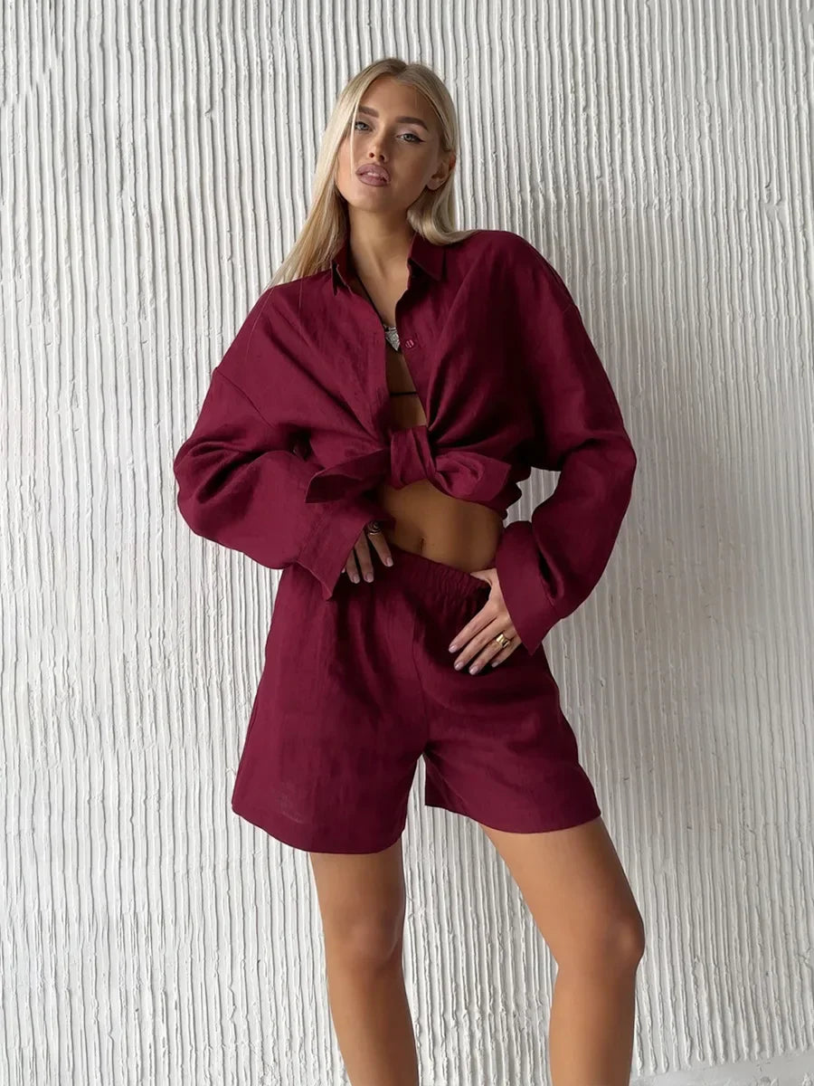 Wolfeel Women’s Summer Cotton Two-Piece Set – Solid Color Long Sleeve Shirt & Elastic Waist Shorts