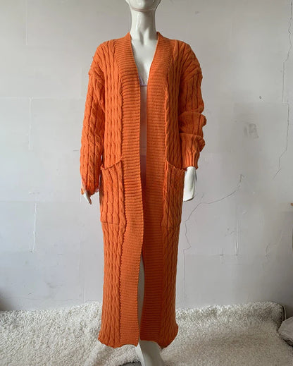 Women’s Long Knit Cardigan with Pockets – Vintage Full Sleeve Thick Autumn Winter Sweater Coat