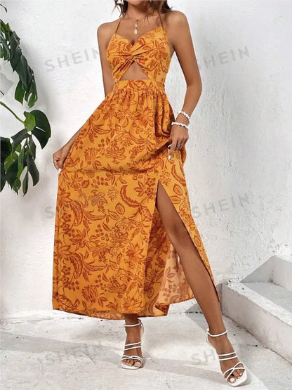 Women’s Summer Halter Neck Dress – Sexy Hollow Backless Lace-Up, Pleated Printed Casual Loose Split Dress
