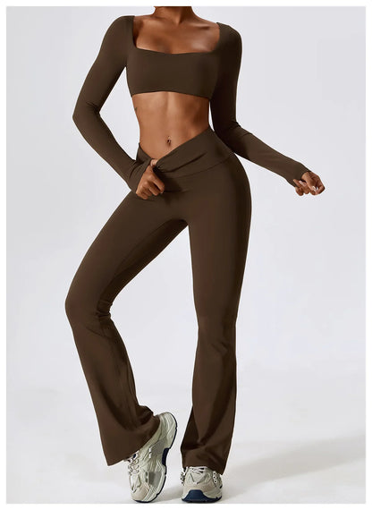 2PCS Seamless Women’s Yoga Set – Long Sleeve Crop Top & Leggings Workout Outfit, Athletic Gym Sportswear