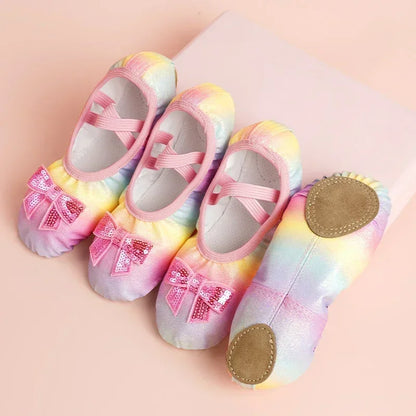 Girls Ballet Dance Shoes — Rainbow Bow Sequin Leather Soft Sole Flats for Performance & Practice