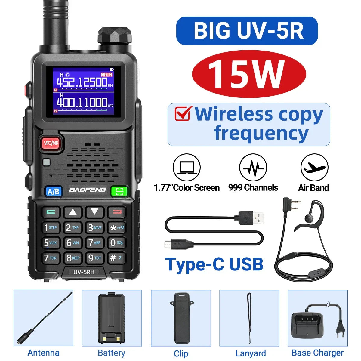 Baofeng UV-5RH 10W Air Band Walkie Talkie, Long Range Wireless Two-Way Ham Radio, Type-C UV-5R Transceiver