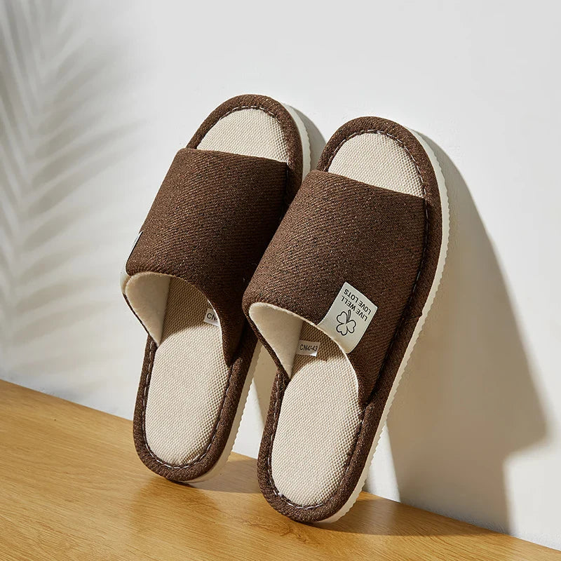 Home Linen Slippers for Men & Women – Breathable Open-Toe Comfort House Shoes for Spring, Autumn & Summer Bedroom Indoor Wear