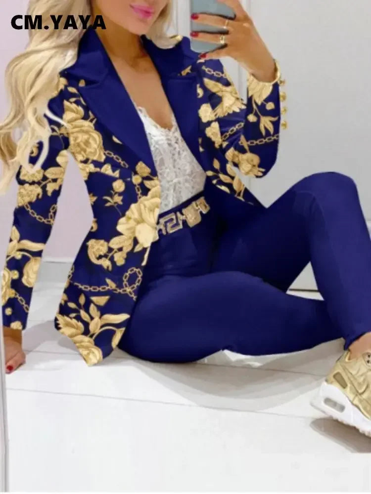 CM.YAYA Women’s Paisley Butterfly Blazer & Pants Set – Elegant 2-Piece Autumn Winter Street Style Outfit