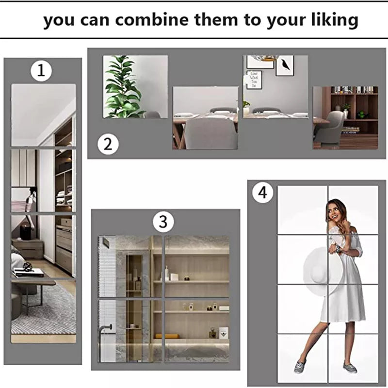 4PCs 3D Self-Adhesive Mirror Stickers - Flexible Thicken DIY Art Acrylic Mirrors for Door, Wardrobe, Bathroom, Home Wall Decorations