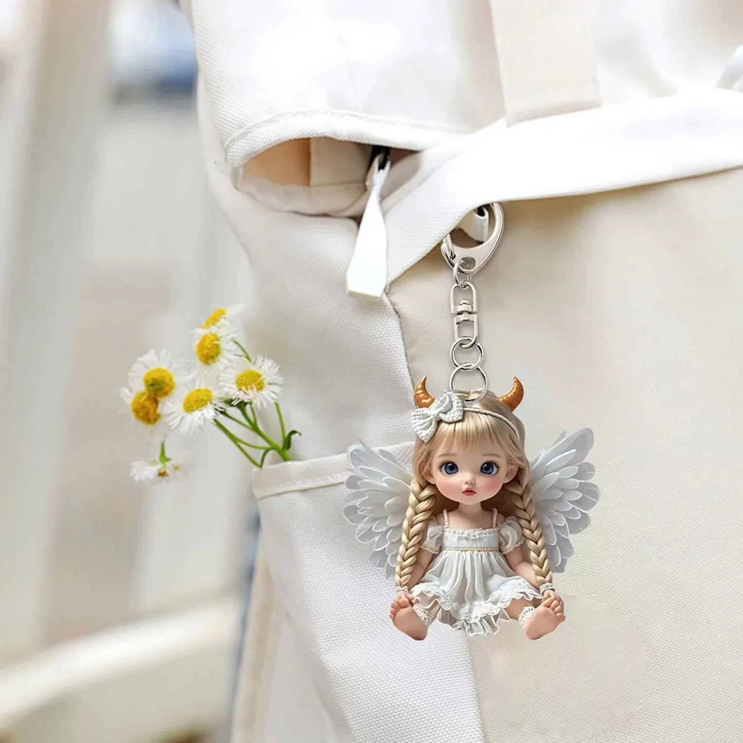 2D Acrylic Angel Baby Girl Keychain – Flat Keyring Pendant for Bags, Car, Backpack Accessories & Jewelry