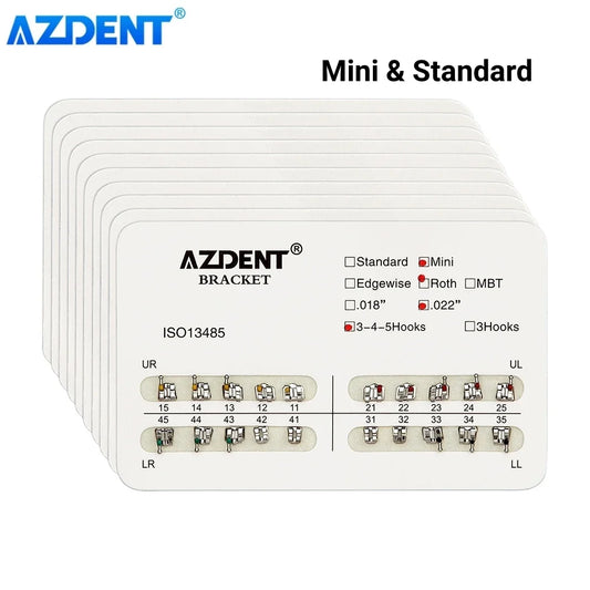 AZDENT 10 Packs Dental Brackets – Orthodontic Metal Mini Standard Roth MBT Slot 0.022/0.018 with Hooks, 20 Pcs per Pack