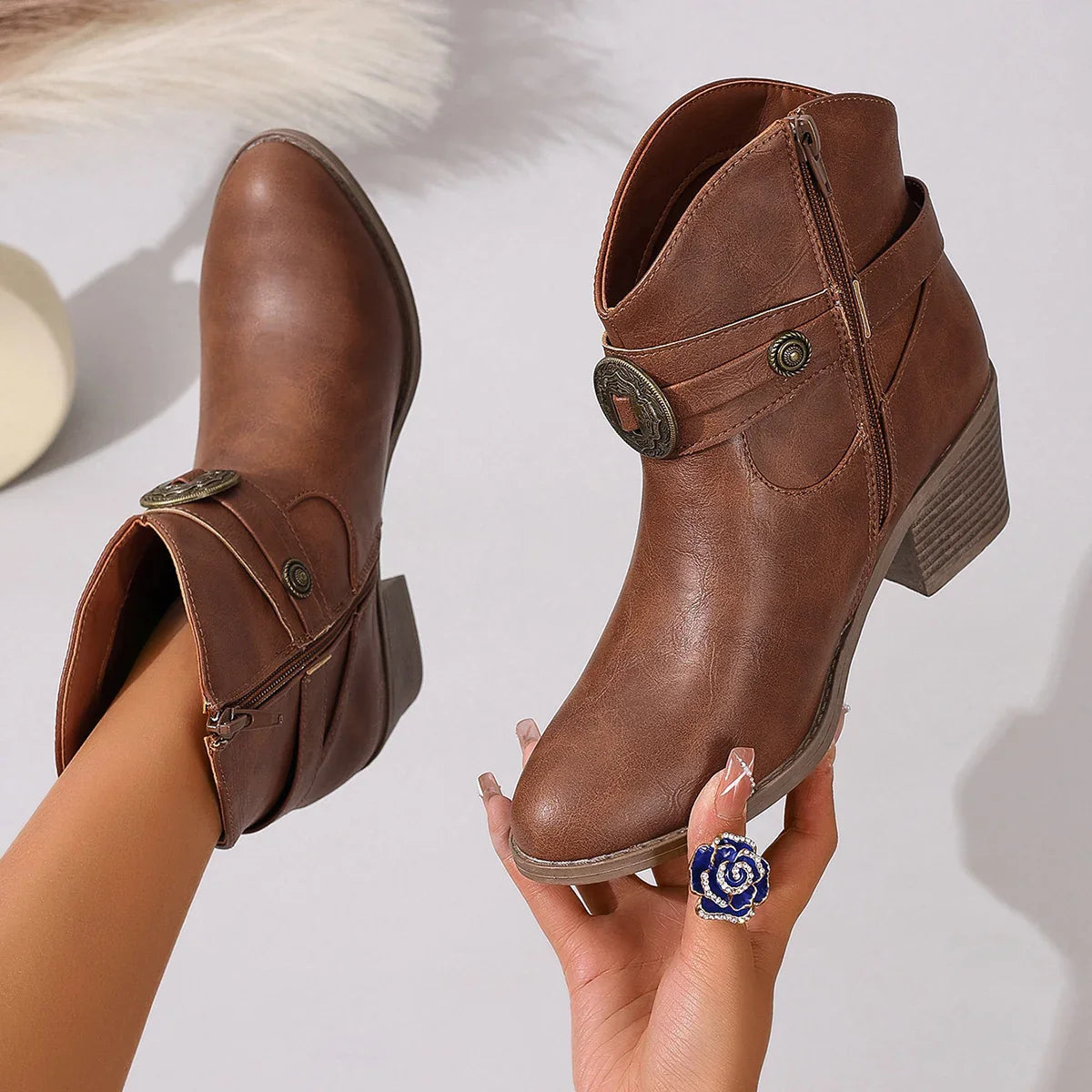Women’s Round Toe Buckle Strap Boots – Copper Side Zipper Comfortable Versatile Commuting Bare Boots