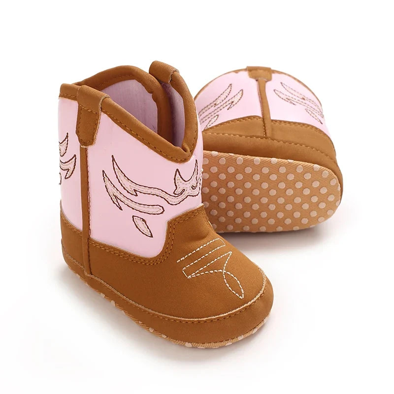 Western Cowboy Baby Boots - Soft Sole Embroidered Pre-Walker Shoes for Newborn Girls 0-18M