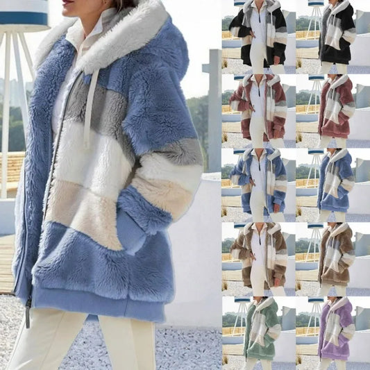 2023 Women's Oversized Jacket - Autumn Winter Warm Plush Hooded Streetwear, Loose Outerwear Coat with Pockets