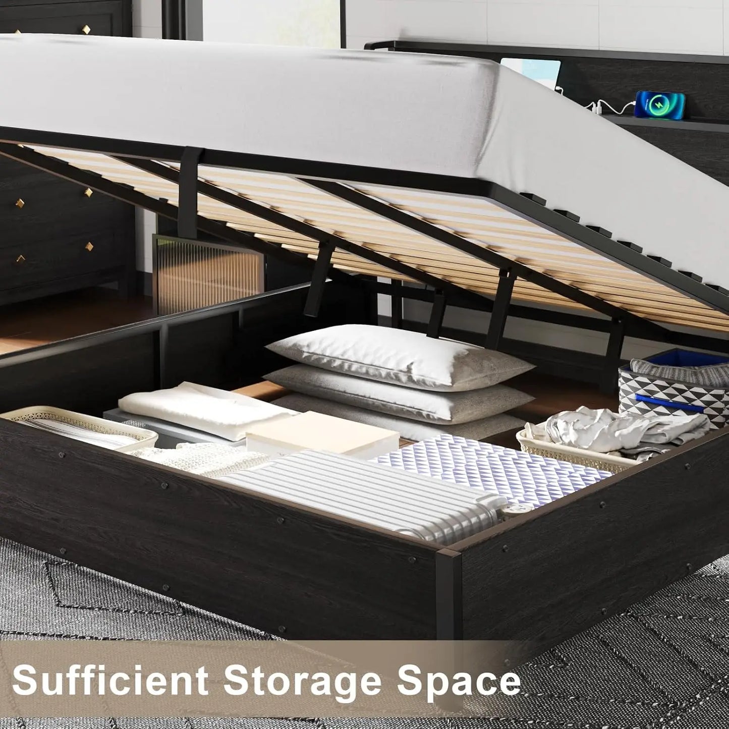 King Lift-Up Storage Bed Frame - Wooden Platform Bed with USB Charging, No Box Spring Required