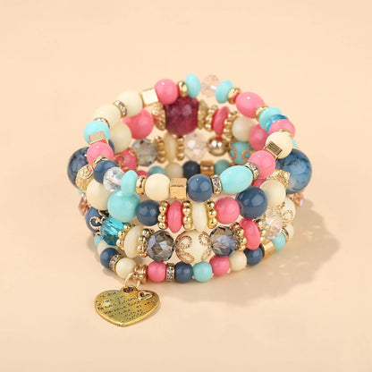 Bohemian Acrylic Beaded Bracelet Set – Solid Heart Charm Elastic Bangles for Women & Men, Retro Daily Wear Jewelry Gift