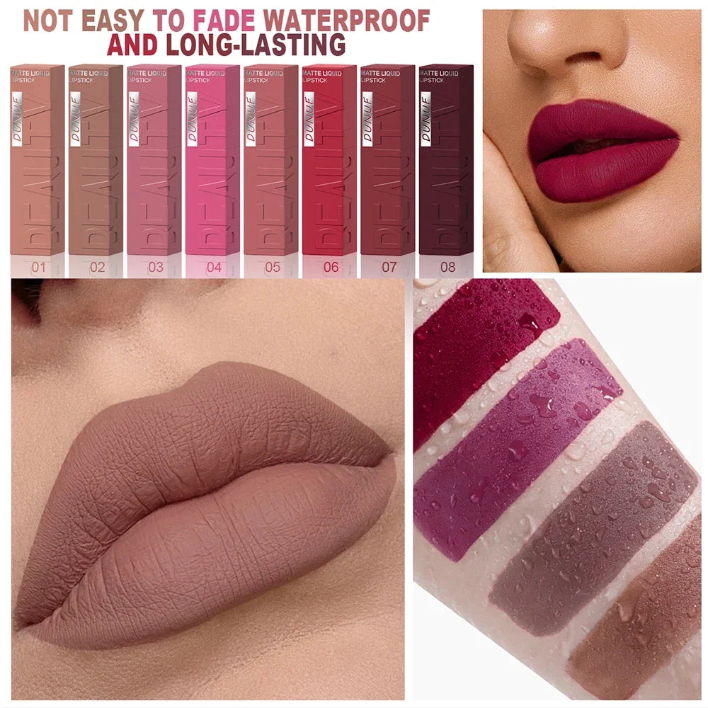 DUNUF Matte Velvet Lipstick - 8 Color Waterproof Plumping Square Tube Lip Gloss Makeup