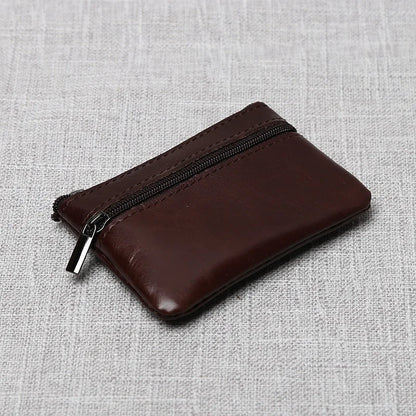 Leather Mini Coin Purse – Unisex Retro Handmade Cowhide Small Wallet with Zipper & Key Case