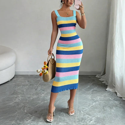 Women’s Rainbow Striped Bodycon Maxi Dress – Sleeveless Stretchy Knit Summer Beach Vacation Party Sundress