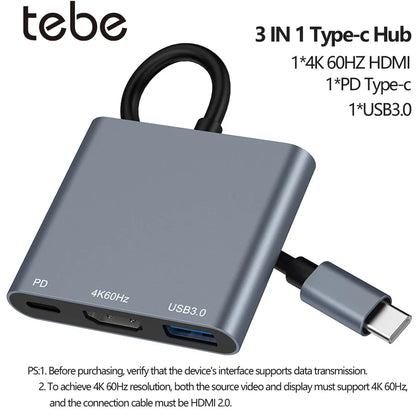 Tebe 3-in-1 USB-C Hub Adapter – 4K 60Hz HDMI, USB 3.0 & 100W PD Fast Charging for MacBook, iPad, Dell & Nintendo Switch