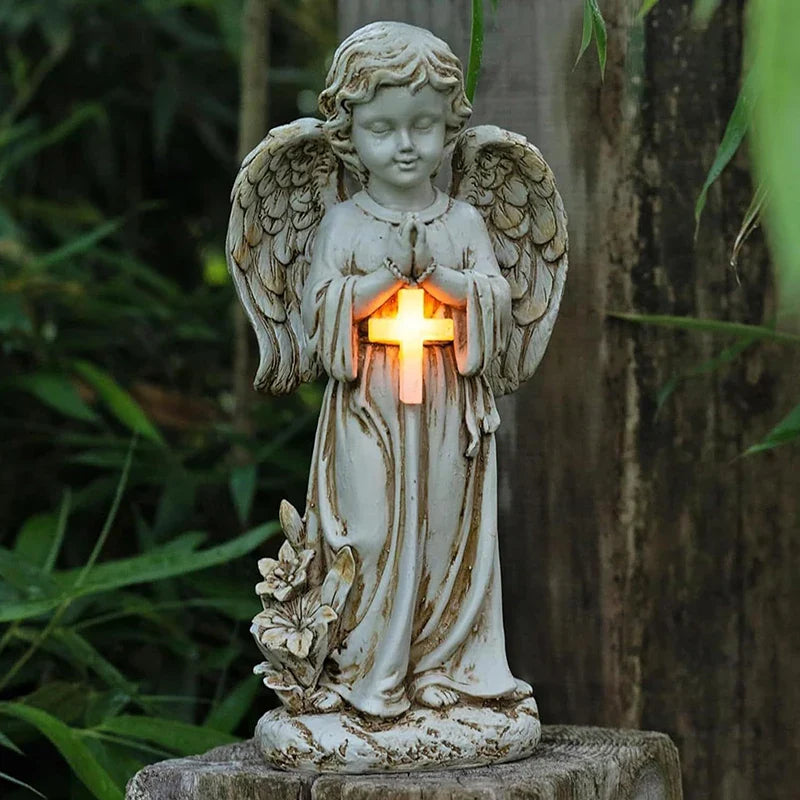 Solar Angel Statue for Garden – Resin Praying Angel Figurine, Cemetery Memorial & Patio Lawn Decoration