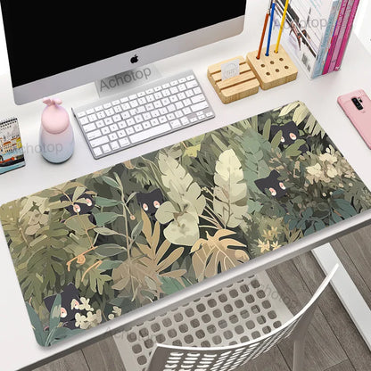 Cute Cat Gaming Mouse Pad - XL Green Plant Design XXL Desk Mat for Keyboard Computer Laptop Gamer Setup
