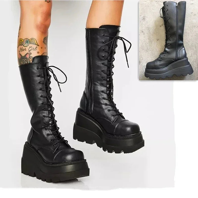 2024 Women’s Platform Mid-Calf Boots – Elastic Microfiber Chunky Heel Black Goth Spring & Autumn Shoes