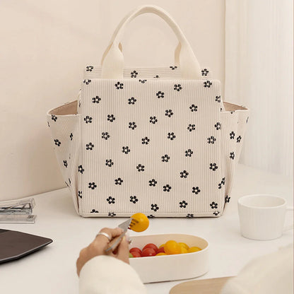 12L Insulated Lunch Box Bag — Thickened Aluminum Foil, Waterproof & Oil-Proof Printed Corduroy Meal Bag