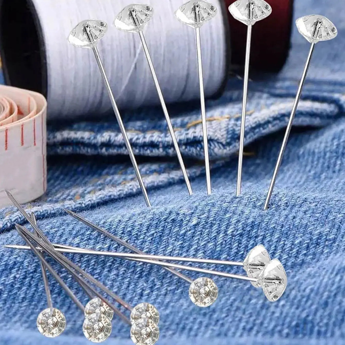 1Box 50Pcs Alloy Pins – Transparent Diamond Wedding Bouquet Pins & Stitching Needles, Plastic Box Sewing Accessories