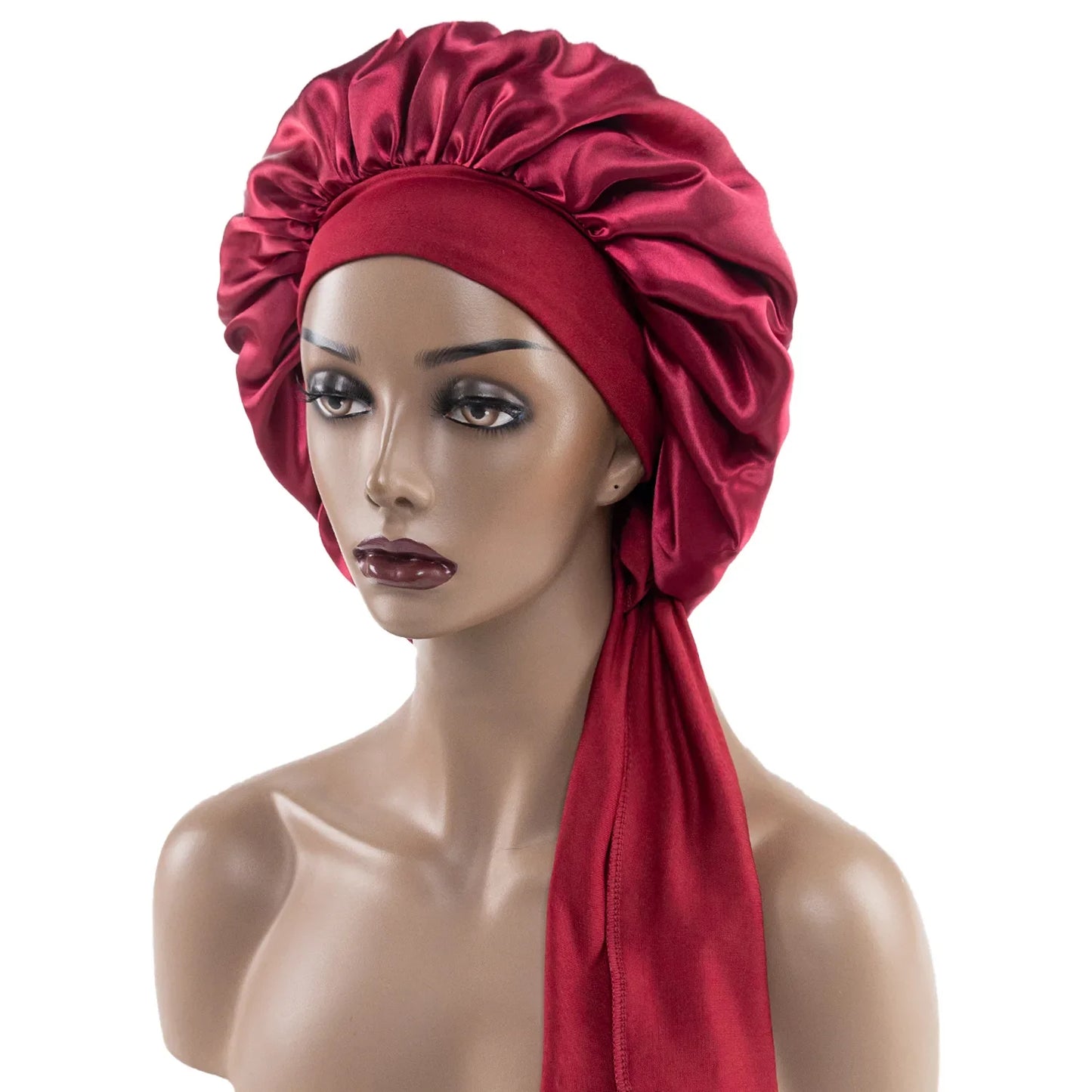 Satin Nightcap for Women - Wide Stretch, Extra-Large Long Tail, Shower Cap with Ribbon, Round Hat Hair Bonnet