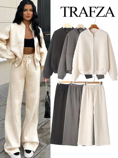 TRAFZA Women’s 2-Piece Retro Set – Solid Zipper Bomber Jacket & High-Waisted Lace-Up Velvet Pants