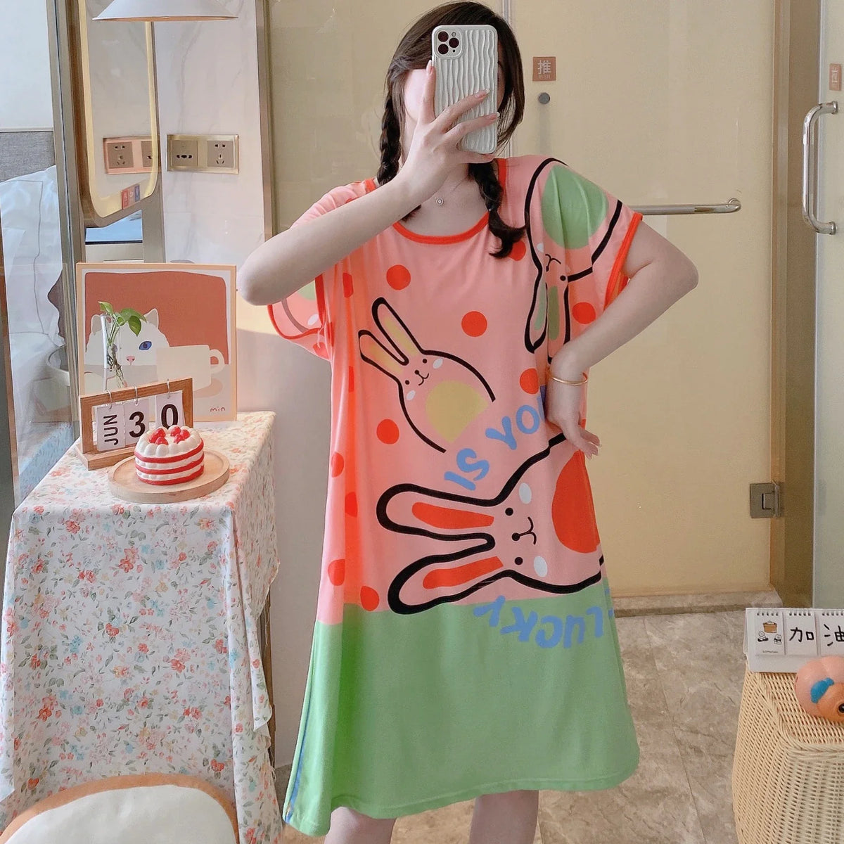 Girls’ Summer & Autumn Cartoon Nightdress – Cute Short-Sleeved Pajama Dress, Comfortable Homewear, Polyester Sleepwear