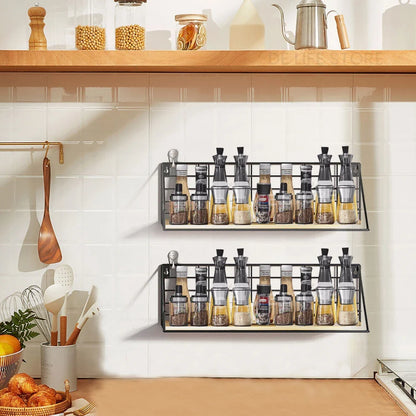 Wooden Hanging Spice Rack – Wall-Mounted Kitchen Organizer for Jars, Seasoning & Accessories