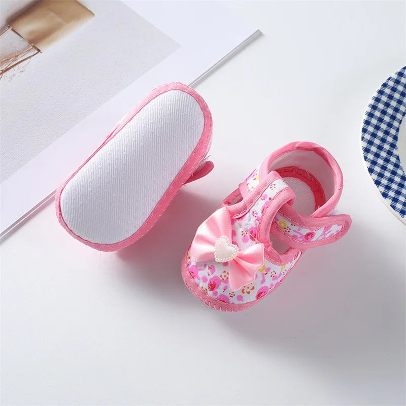 0-18 Months Baby Girls Soft Sole Shoes – Bowknot Flower Print, Non-Slip First Walkers for Indoor & Outdoor