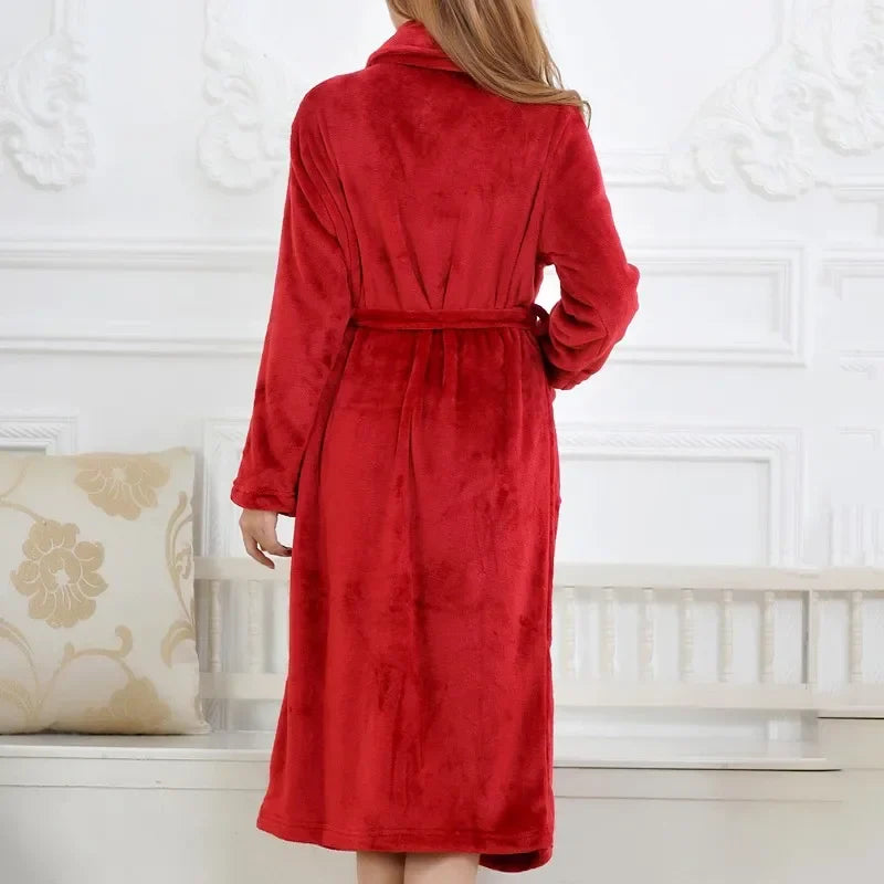 Coral Fleece Long Robe Kimono – Warm Flannel Winter Bathrobe, Casual Sleepwear & Homewear
