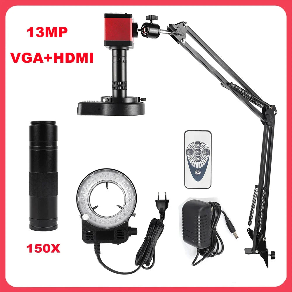 1080P 48MP 4K Digital Microscope – HDMI/USB/VGA Camera with 150X C-Mount & Articulated Arm for Repair