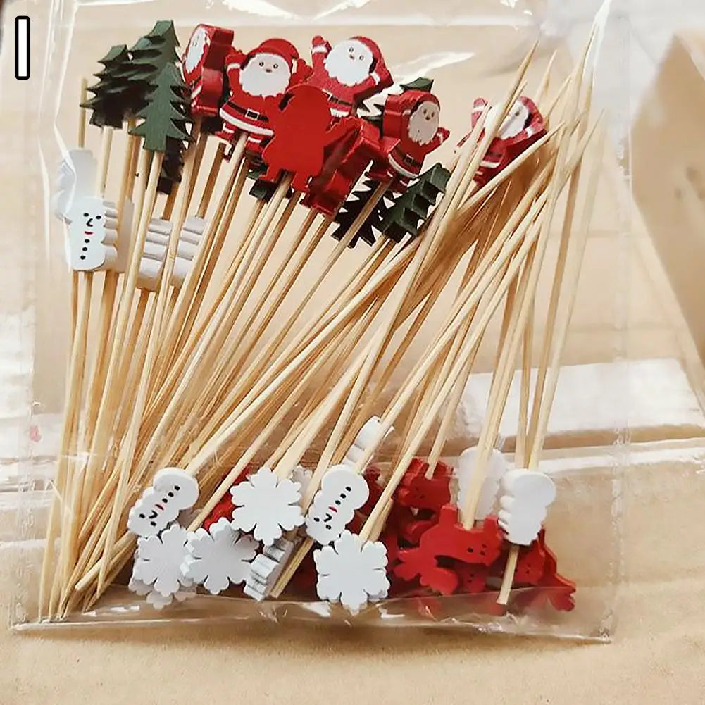 50PCS Christmas Bamboo Cocktail Picks – Santa, Snowflake & Tree Toothpicks for Drinks, Fruits, Desserts & Holiday Party Decorations 2024