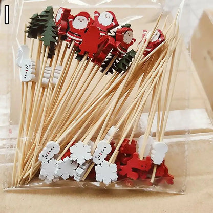 50PCS Christmas Bamboo Cocktail Picks – Santa, Snowflake & Tree Toothpicks for Drinks, Fruits, Desserts & Holiday Party Decorations 2024