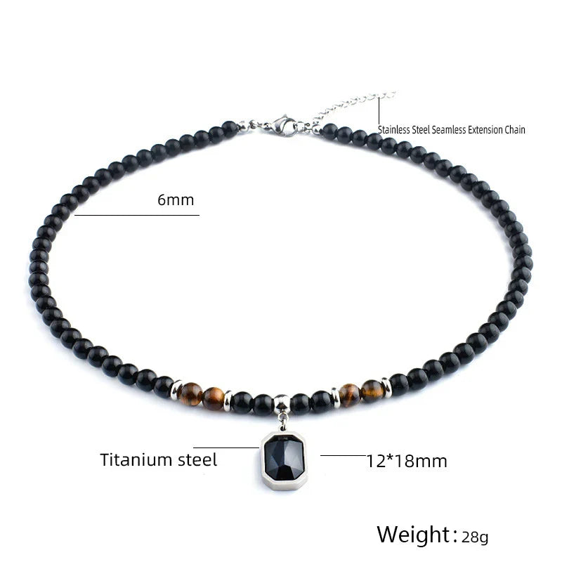 Stainless Steel Tiger Eye and Black Crystal Pendant Necklace for Men – Fashionable Natural Stone Beaded Strand Jewelry