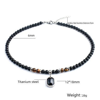 Stainless Steel Tiger Eye and Black Crystal Pendant Necklace for Men – Fashionable Natural Stone Beaded Strand Jewelry