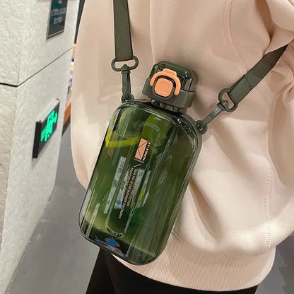 Elegant Slim Transparent Water Bottle - Flat Square Portable Travel Canteen with Adjustable Strap, Ideal for Sports and Camping