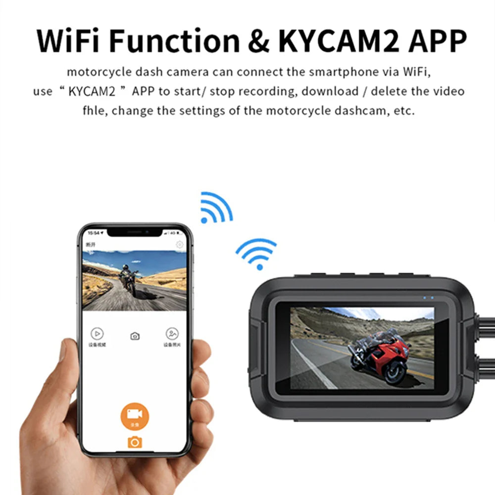 Dual 1080P Motorcycle DVR - Full Body Waterproof Camera with WiFi, GPS, Front and Rear Dash Cam Video Recorder Black Box