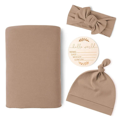 Newborn Baby Swaddle Blanket Set - Receiving Blanket with Matching Headband & Beanie (4-Piece Set)